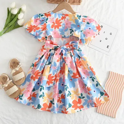 Sommer Neues modisches Kleid im ländlichen Stil mit Blumenmuster für Babys, buntes, kurzärmeliges Blumenkleid für Mädchen im Alter von 3–7 Jahren Image