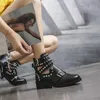 Mode Niet Schnalle Frauen Stiefeletten Schwarz Weichem Leder Runde Kappe Dicken Absätzen Schuhe Plus Größe 35-43 Frau plattform Kurze Stiefel
