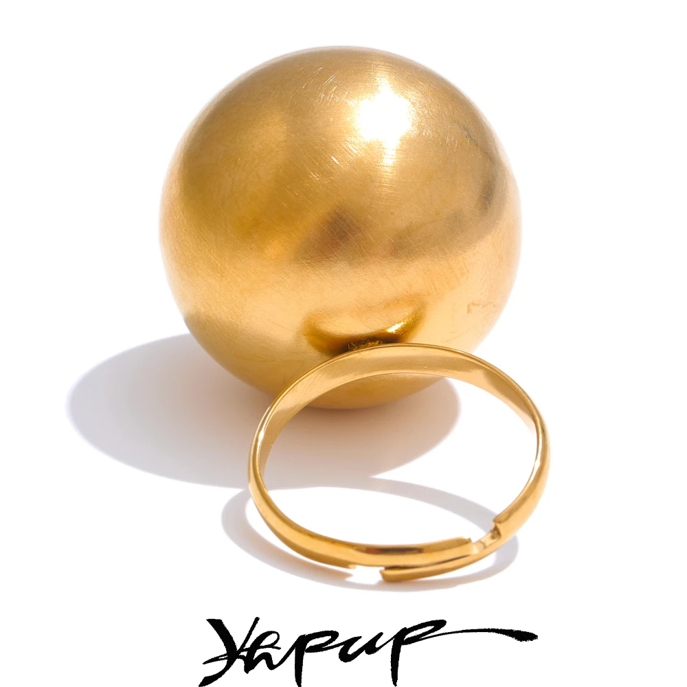 Yhpup Stilvoller, einzigartiger Edelstahl-Ring, 26 mm, große Kugel, verstellbar, 18 Karat Goldfarbe, wasserdicht, personalisierter Fingerschmuck, Geschenk Image