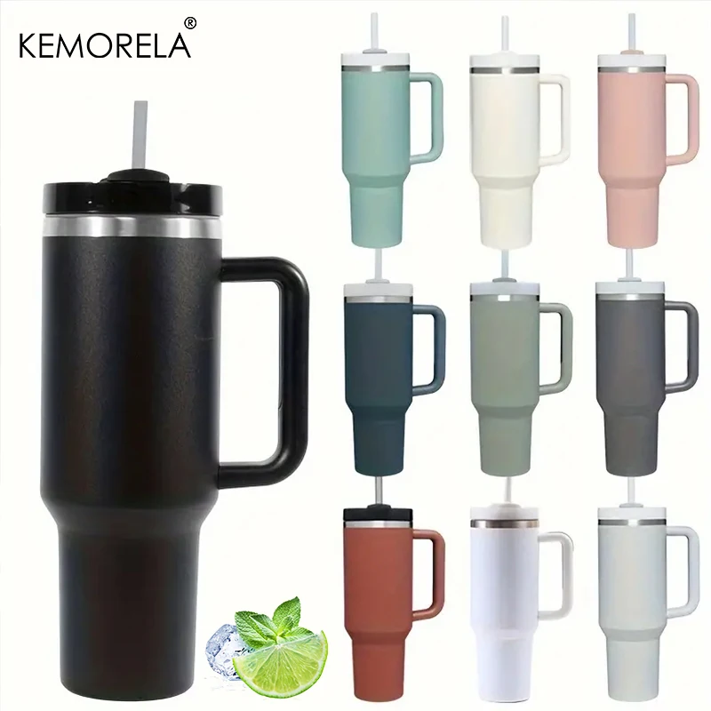 KEMORELA Becher mit Griffdeckel Stroh Edelstahl Wasserflasche 887/1182 ml Vakuum-Thermosbecher Reise Auto Kaffeetasse Image