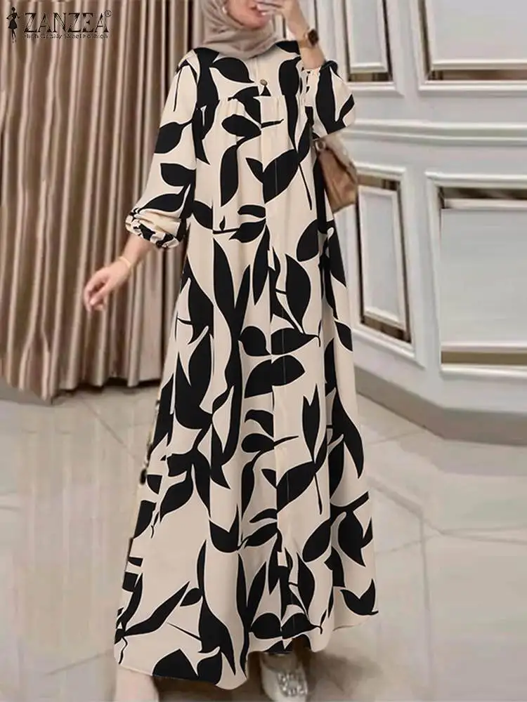 2024 Zanzea Herbst Sommerkleid Mode Frauen Langarm muslimischen Kleid Abaya Bohemain Blumen druck Maxi Vestidos islamische Kleidung