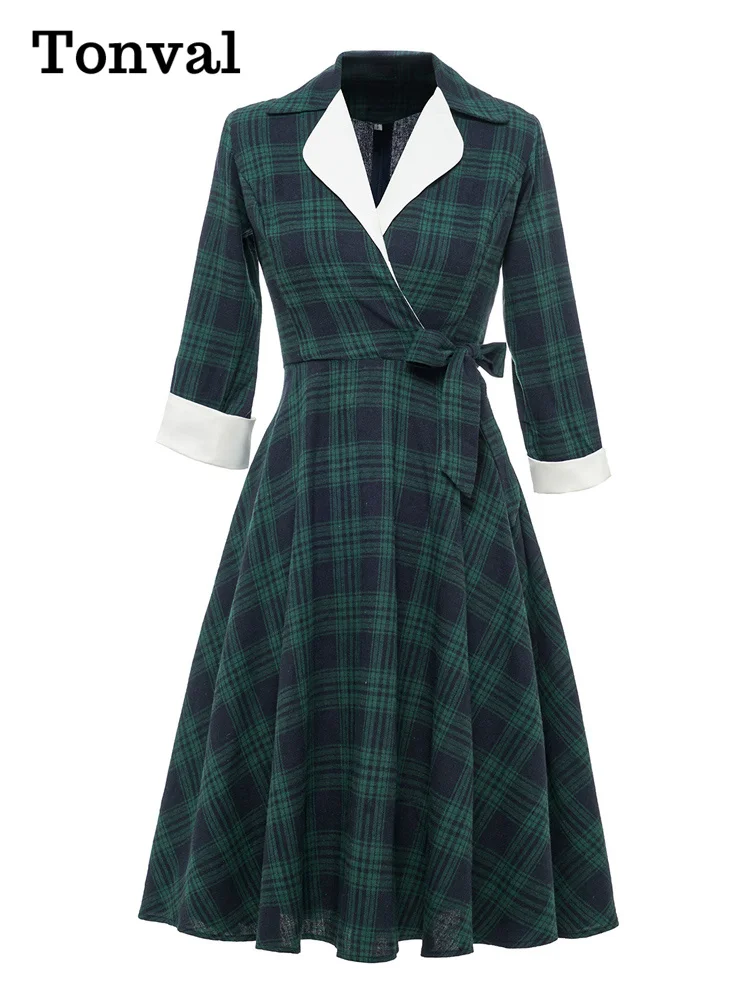 Tonval gekerbter Kragen grün kariertes Vintage Kleid mit hoher Taille Herbst Winter Frauen 1950 Länge Ärmel s Rockabilly Midi Kleider