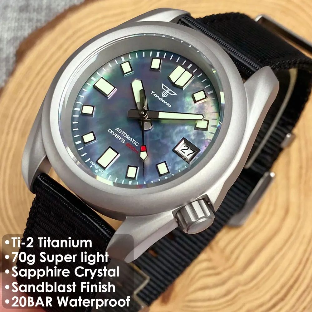 Tandorio Echtes Titan NH35A Uhrwerk Tauch-Automatikuhr für Herren Sandstrahl 20BAR Wasserdichter Saphir Perlmutt 40 mm Image