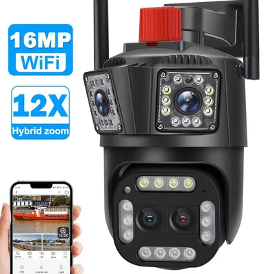 16MP HD WiFi IP-Kamera, 12-facher Zoom mit vier Linsen, Sicherheitsschutz, 8K PTZ Wifi 360 ° -Kamera, KI-Tracking, Smart Home, drahtlose CCTV-Kamera, WLAN-Überwachungskameras, Bewegungserkennung