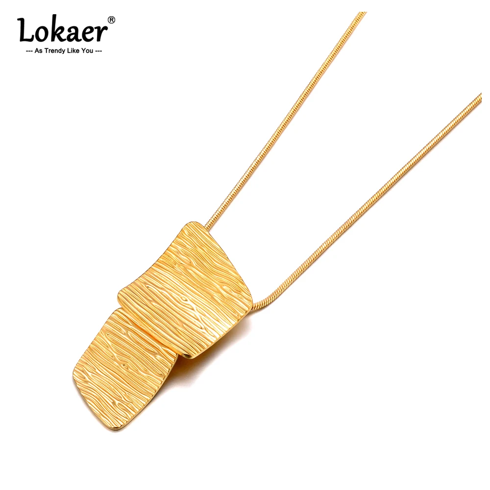 Lokaer Edelstahl-Halskette mit geometrischem Textur-Anhänger, 18 Karat PVD-beschichtet, wasserdicht, Statement-Halsschmuck, Bijoux Femme N24061 Image