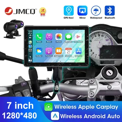 JMCQ 7 Inch Motorcycle Navigation Wireless CarPlay Apple GPS Navi Android Auto Front Rear Dual Bluetooth Camera Recorder Monitor