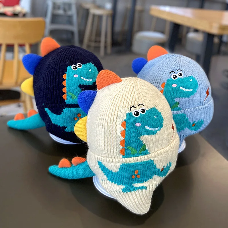 Winter Warme Baby Ohr Schutz Hut 3D Dinosaurier Kinder Ohrenschützer Kappe Cartoon Kleinkind Woolen Gestrickte Hüte 2-6 jahre Kinder Mützen Image