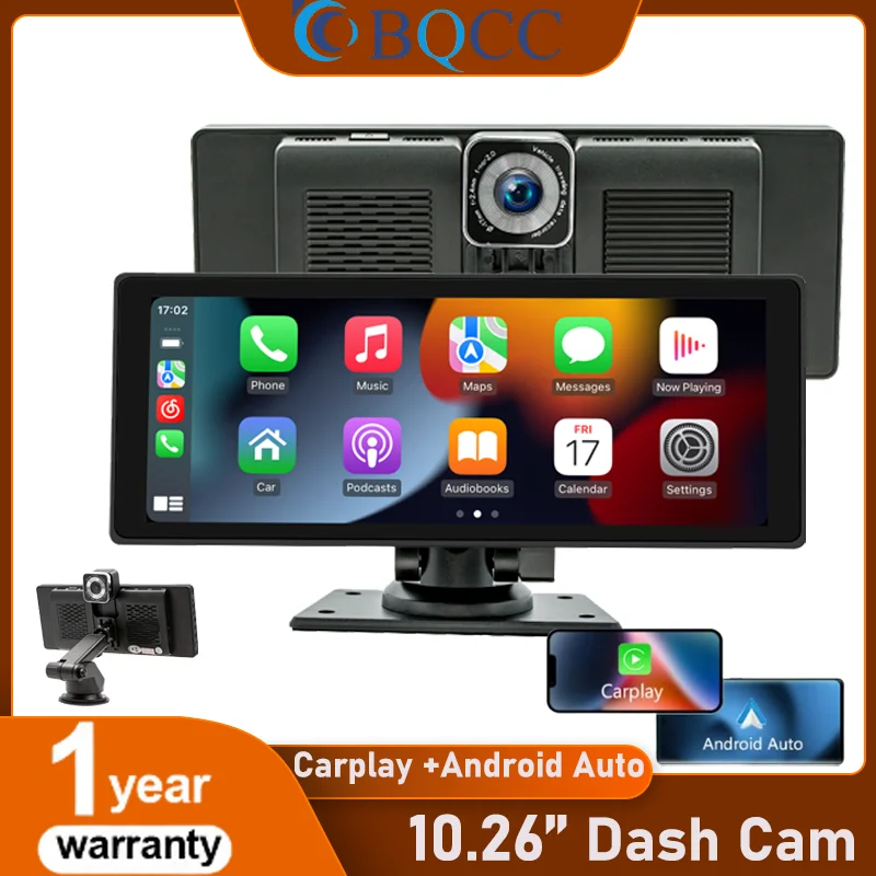 Bqcc 10,26 inch tragbarer auto player ips bildschirm auto dvr drahtloses carplay android auto bt/usb/tf/aux multimedia smart stereo radio Image