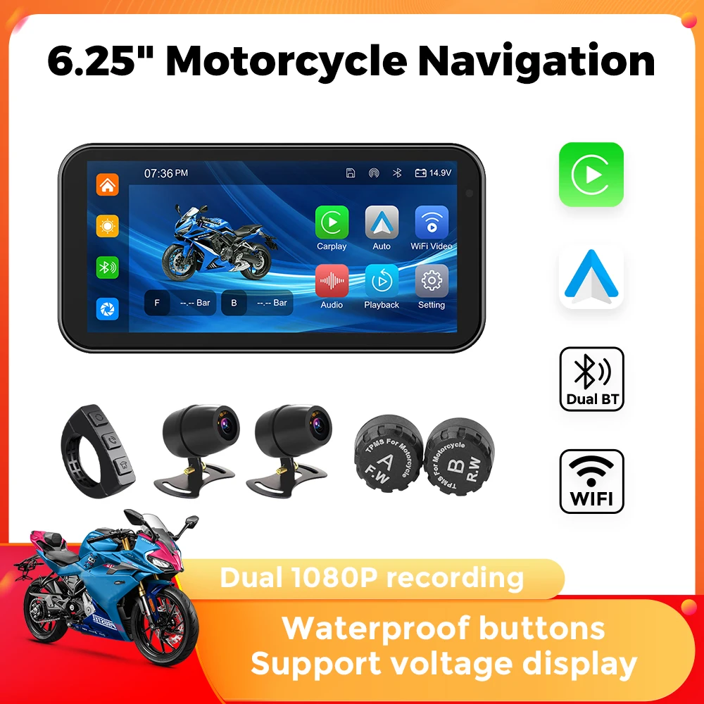 Navifly 6,25 Zoll Motorrad Navigation drahtlose Carplay Android Auto IP67 wasserdichten Touchscreen GPS Dual BT 1080p Kamera TPMS Image