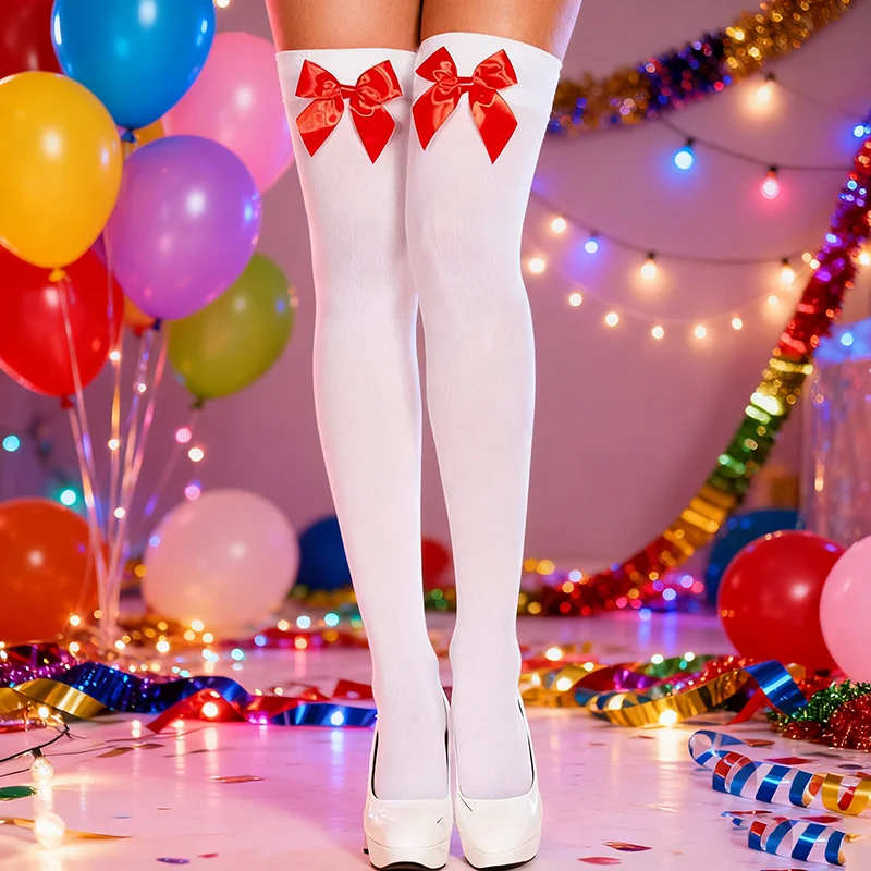 Süße transparente Dessous-Strümpfe, reine schöne Schleife über dem Knie, schwarz, weiß, schwarz, rosa Schleife, sexy Hosenträger, hohe Röhre, Seidenstrümpfe