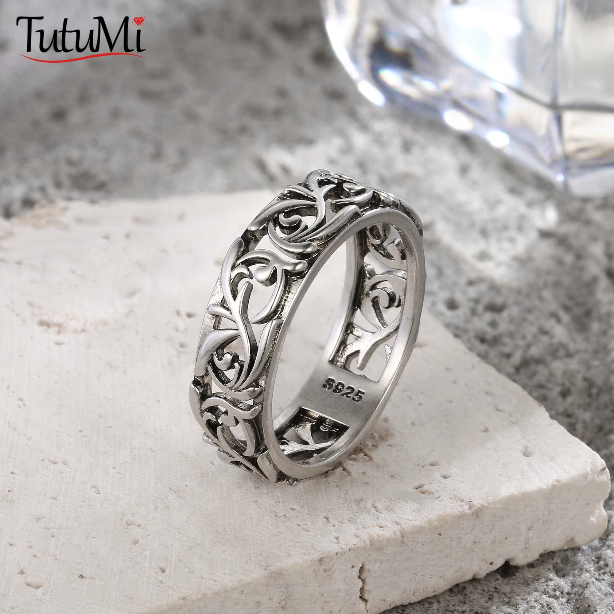 Ring aus 925er-Sterlingsilber, Vintage-Stil, ausgehöhltes Design und zarte Vintage-Blume, Hip-Pop-Ringe, edler Schmuck, Geschenk für Damen und Herren