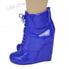 ZHIMA Damen-Stiefeletten mit Keilabsatz, runder Zehenbereich, Schnürung, glänzende High Heels, Booties, handgefertigte Damenschuhe, große Größe 41, 43, 45, 50 52