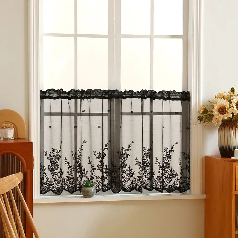 1pc schwarzer Spitze kurzer Vorhang, exquisite Blumenmuster Küche kleiner Vorhang, Stangen tasche, pastorale Tüll Fenster Volant Vorhang Image