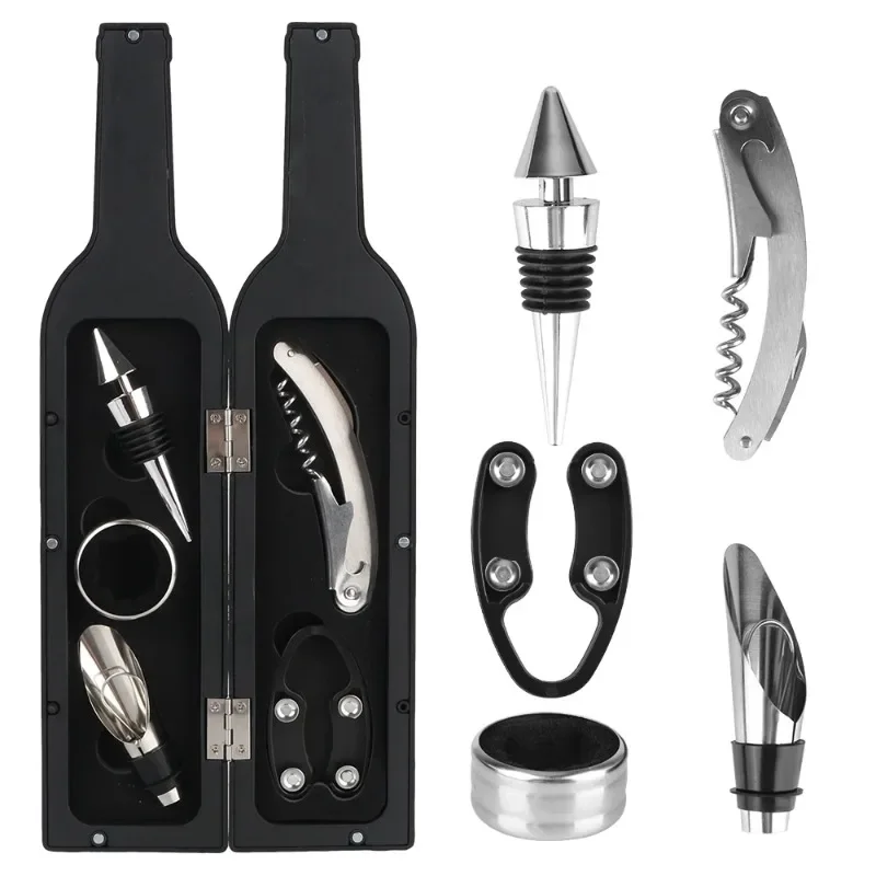 5-teiliges Flaschenförmiges Gehäuse mit Tropfring, Folienschneider, Weinausgießer und Stopfen, Weinöffner-Zubehör-Set aus Edelstahl Image