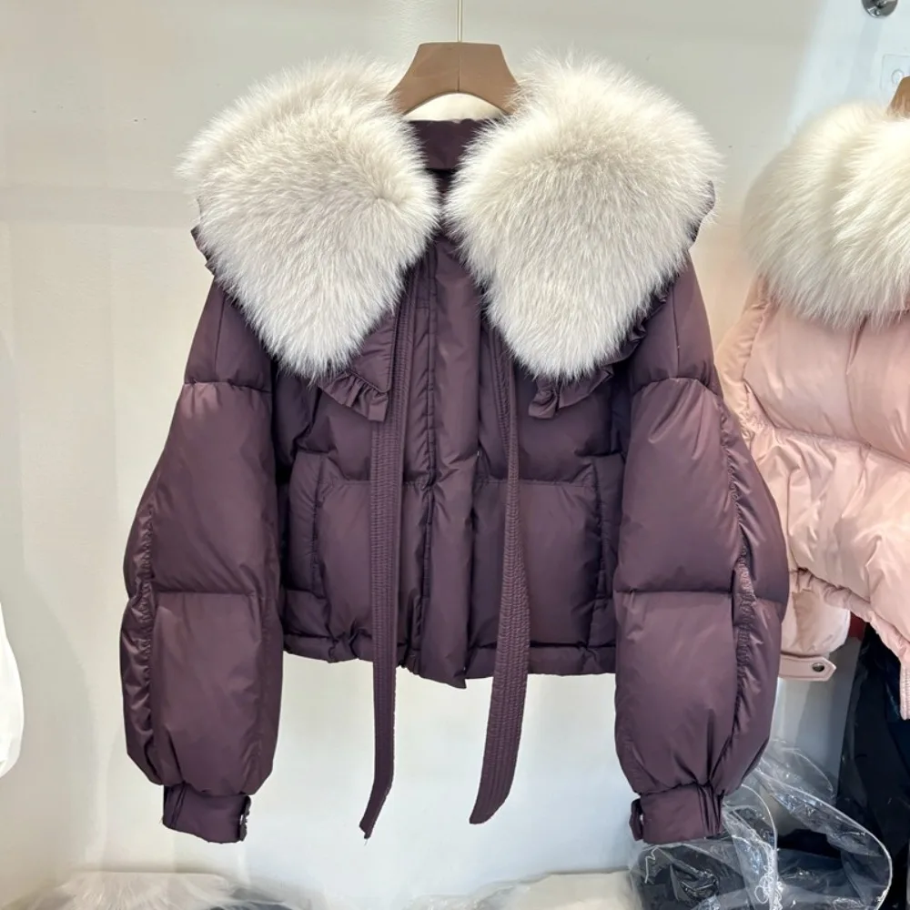 OFTBUY New Real Fox Fur Collar Coat Fashion Casual New Winter White Duck Down Jacket Women Short Loose Warm Real Fur Coat Female