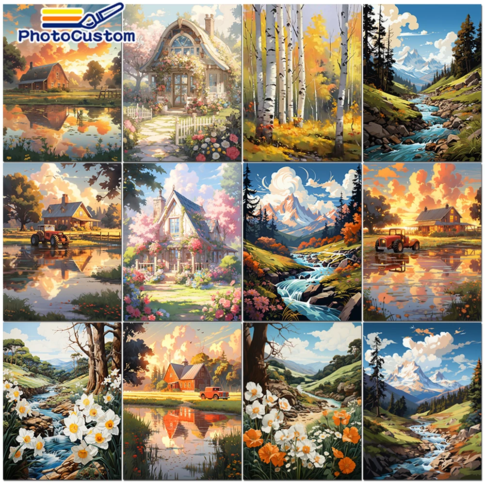 PhotoCustom Malen nach Zahlen Landschaften Acryl Zeichnung Leinwand Ölgemälde nach Zahlen Berge Landschaft für Erwachsene Dekoration Image