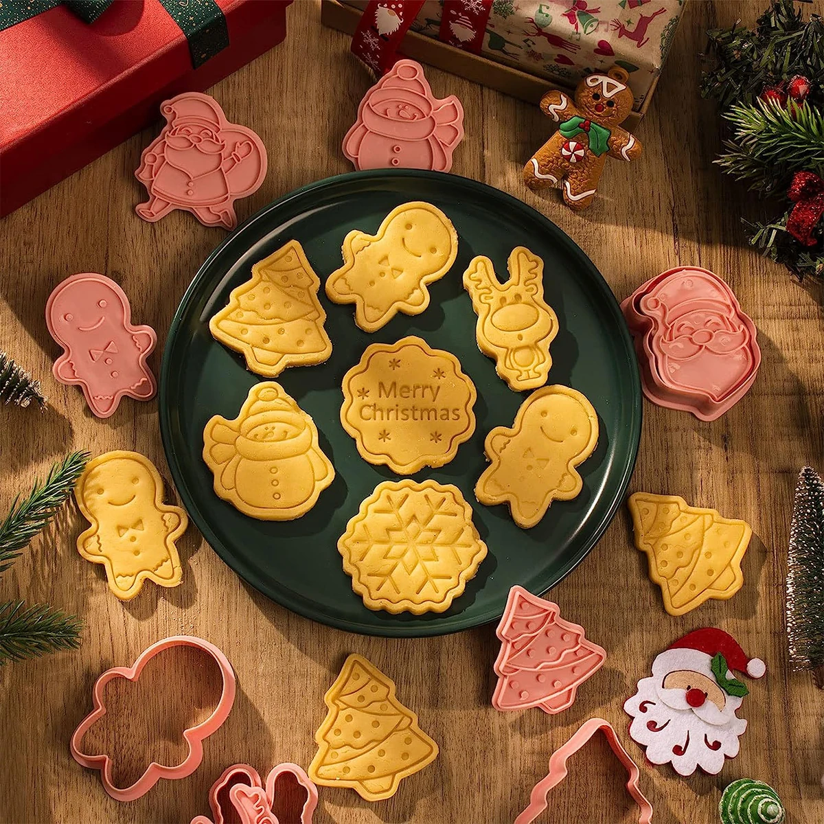 8 Stück Weihnachten Aus stech formen mit Kolben Briefmarken Set, 3D Fondant Gebäck Keks Kuchen Keks Formen Backform, Weihnachts baum Santa Image