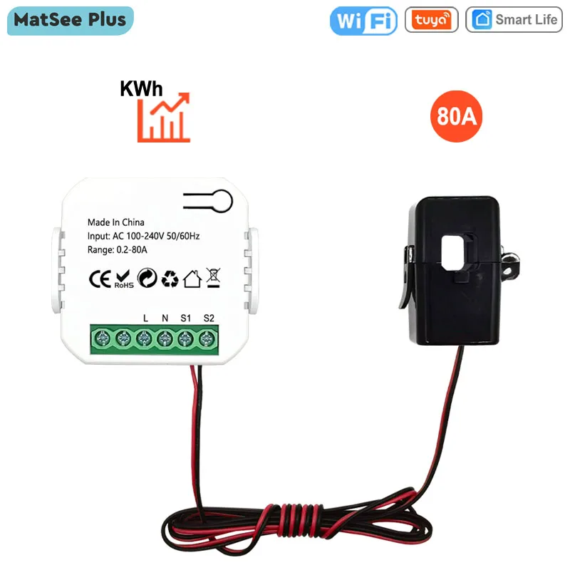 Smart Life WLAN-Energiezähler 80A mit Klemmstromwandler App KWh Stromverbrauchsmonitor Stromstatistik 110V 240V 50/60Hz Image