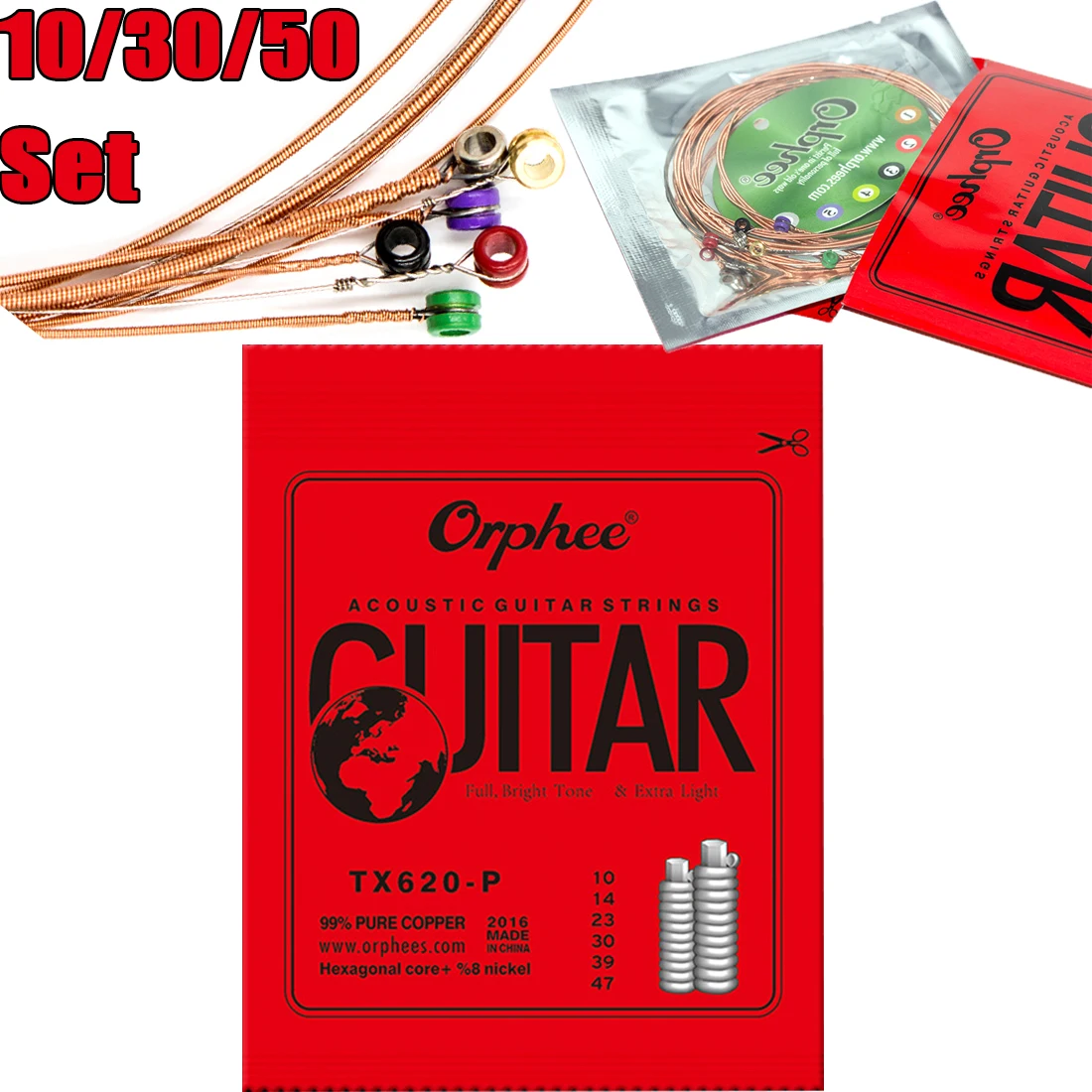 10/30/50 Set Orphee Akustische Gitarre Saiten Medium Carbon Stahl Sechseckigen Kern Rot Kupfer Wicklung String TX620-P Gitarre teile