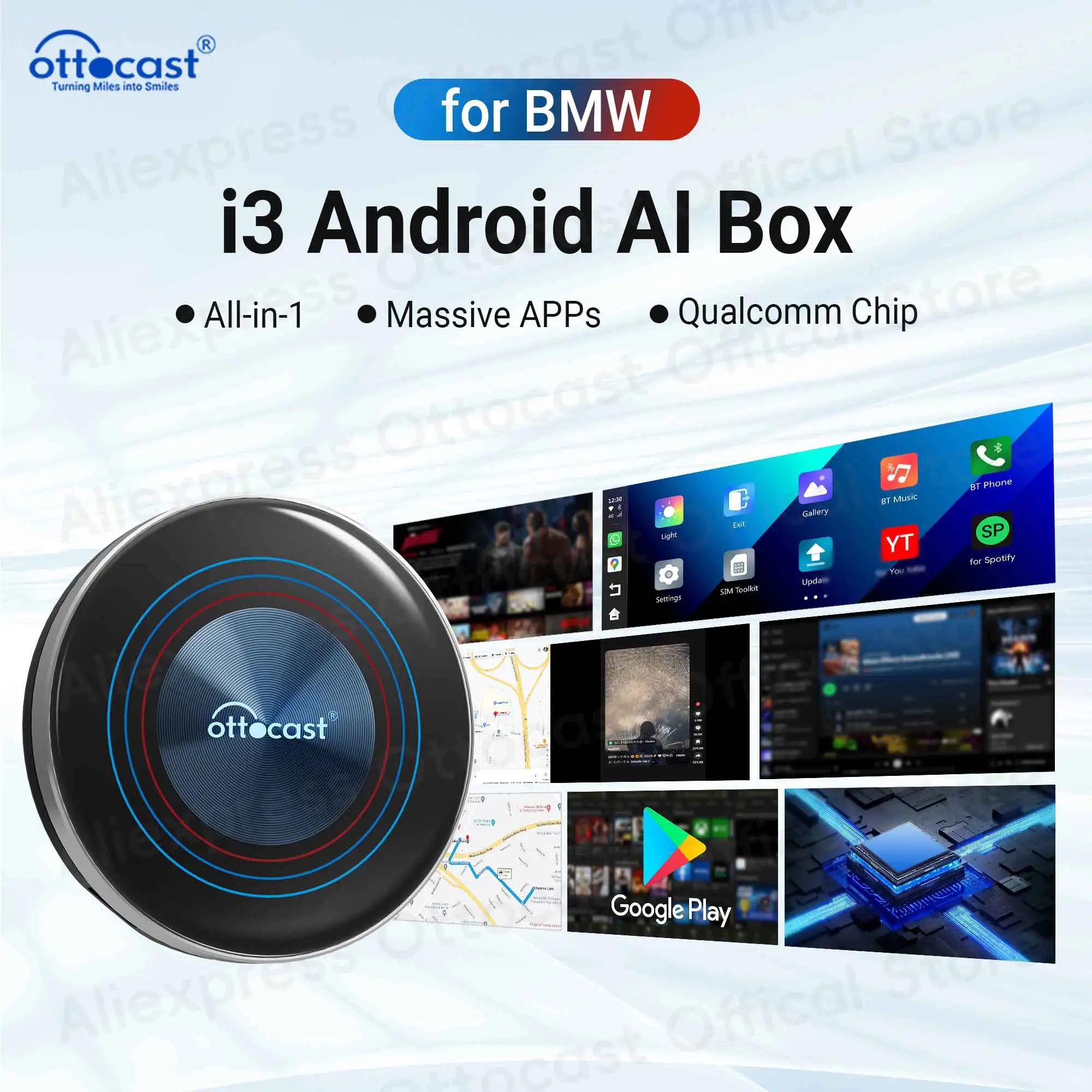 OTTOCAST OttoAiBox i3 für Auto, eingebaut, kabellos, CarPlay AI Box, Android 13, TV-Box QCM 6125, für Netflix für BMW, Autozubehör Image