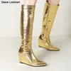 Keil Plattform Frauen Hohe Stiefel Kniehohe Stiefel Weibliche Zip Mode Höhe Ferse Keil Boot Gold Silber Casual Schuhe Frau 2024