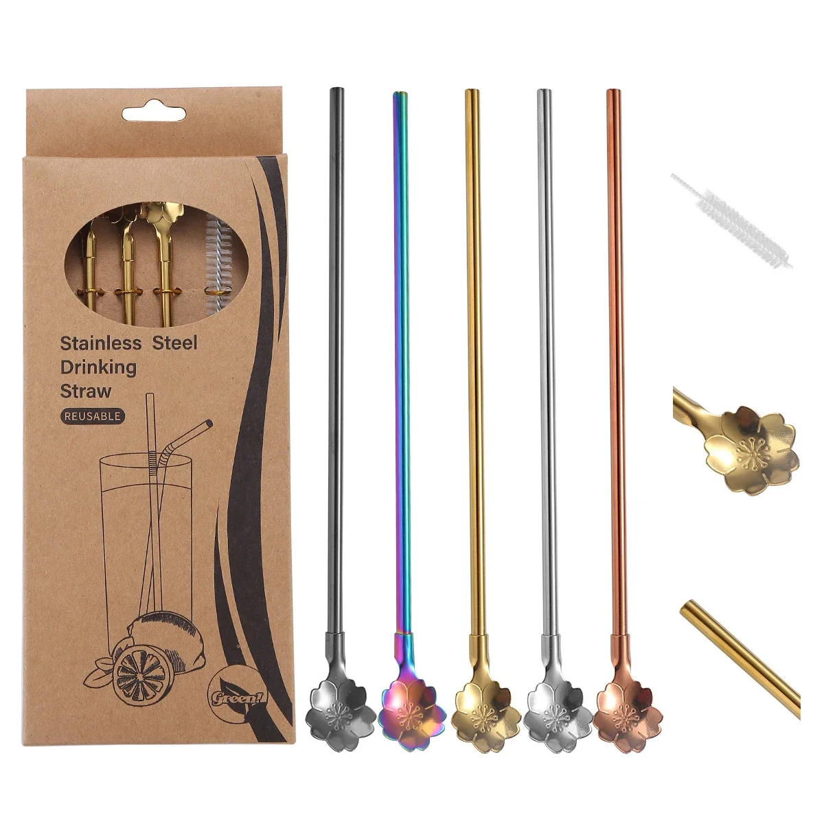 Kirschblüten Stroh löffel Set mit Reinigungs bürste Rühr löffel 304 Edelstahl Sommer getränk Cocktail Party Bar zubehör Image