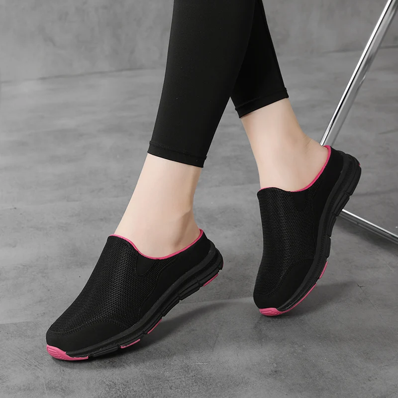 Sommer Baotou Mesh atmungsaktive halbe Hausschuhe für Frauen ohne Absätze weiche Sohle Slip-on-Schuhe bequeme faule Schuhe große Größe Mo