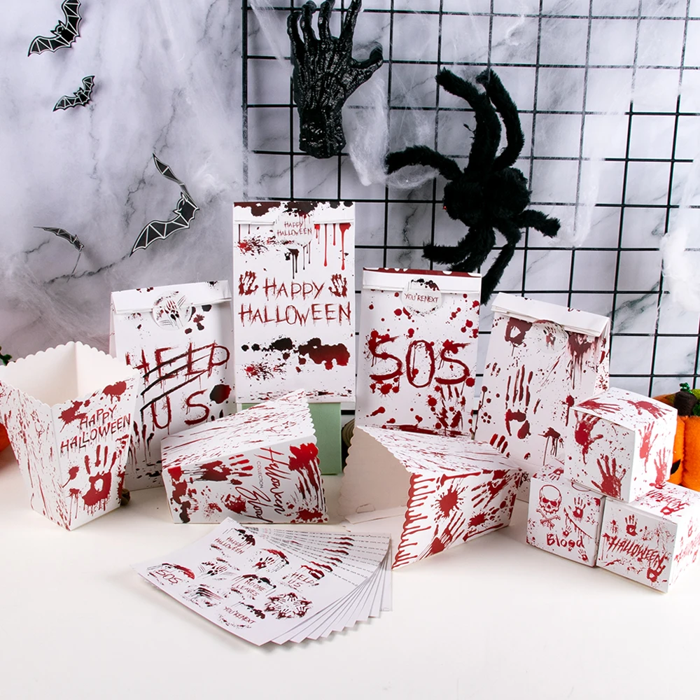 Halloween Blutiger Handabdruck Süßigkeiten Geschenktüten Popcorn Box Keks Verpackung Geschenktüten Spukhaus Dekor Halloween Partyzubehör Image