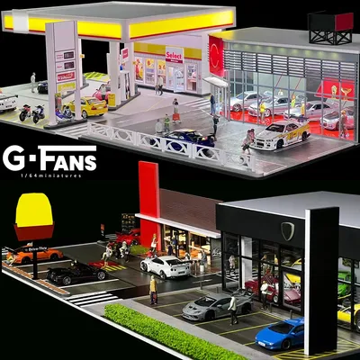 G FANS 1:64 Car Garage Models Shop Parking Building Led Diorama Building Scene Model with Lights Car Garage Diorama Scene Model