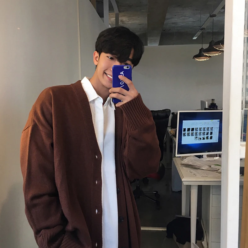 2024 männer Gestrickte Pullover Einfarbig Strickjacke V-ausschnitt einreiher Mann Kleidung Mantel Plain Jacke Herbst High Street kleidung Image