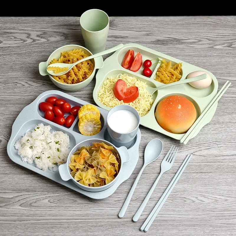 Weizen Stroh Geschirr Set Kinder Kindergarten Unterteilt Essen Platte Student Mittagessen Löffel Gabel Essstäbchen Platte Vier-stück Set Image