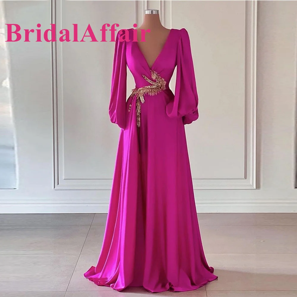 Elegante Fuchsia Seide Satin Ballkleider lange Ärmel V-Ausschnitt Gold dekorieren Schlitz Dubai arabische Frauen Party Abendkleider