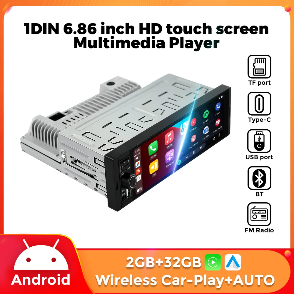 MEKEDE Android 6,86 zoll 1din Universal Auto Multimedia HD Touchscreen Auto Radio Drahtlose Carplay Android Auto FM USB TF Typ-C Image