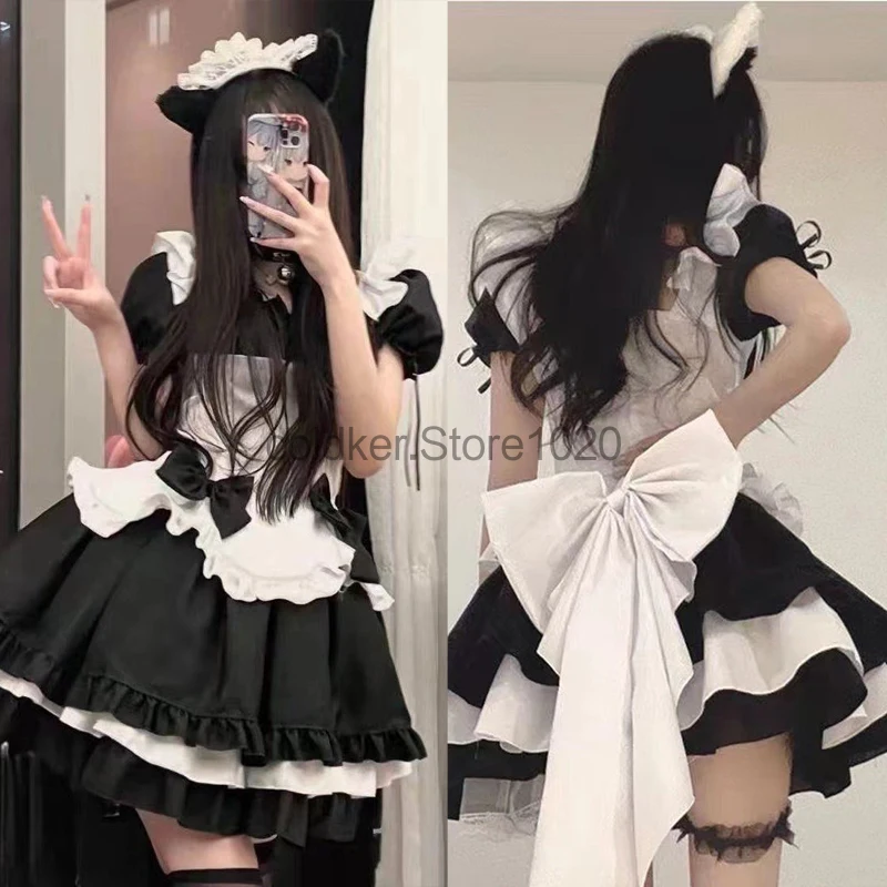 Schwarz-weißes Lolita-Dienstmädchen-Kostüm für Frauen, sexy süßes französisches Dienstmädchen-Cosplay-Lolita-Kleid mit Schürze, Halloween-Café-Dienstmädchen-Party-Outfit Image