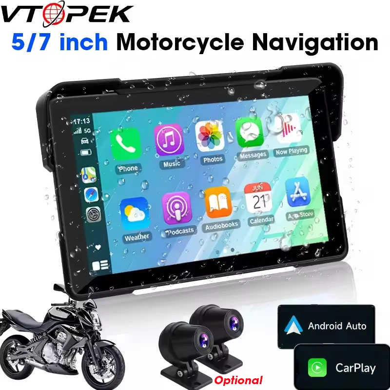 Vtopek 5"/7" Zoll Motorrad DVR GPS Navigation Multimedia Player Wireless CarPlay Android Auto IPX7 Wasserdichter Bildschirmrekorder Image