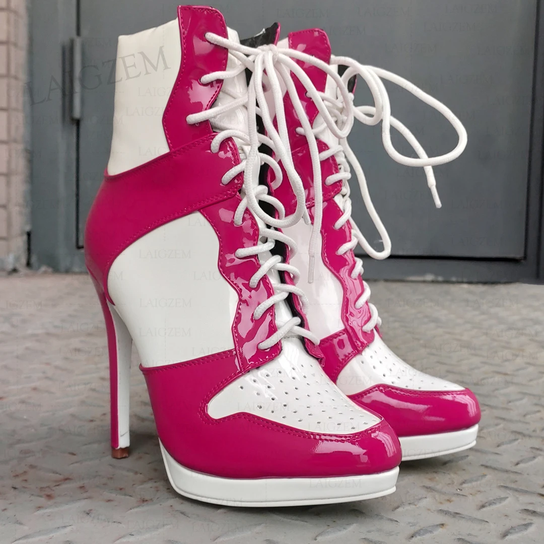 LAIGZEM Damen-Stiefeletten mit runder Spitze, glänzend, dünn, High Heels, bequem, zum Schnüren, kurze Stiefel, Damen, Mädchen, große Größe 41, 45, 46 47