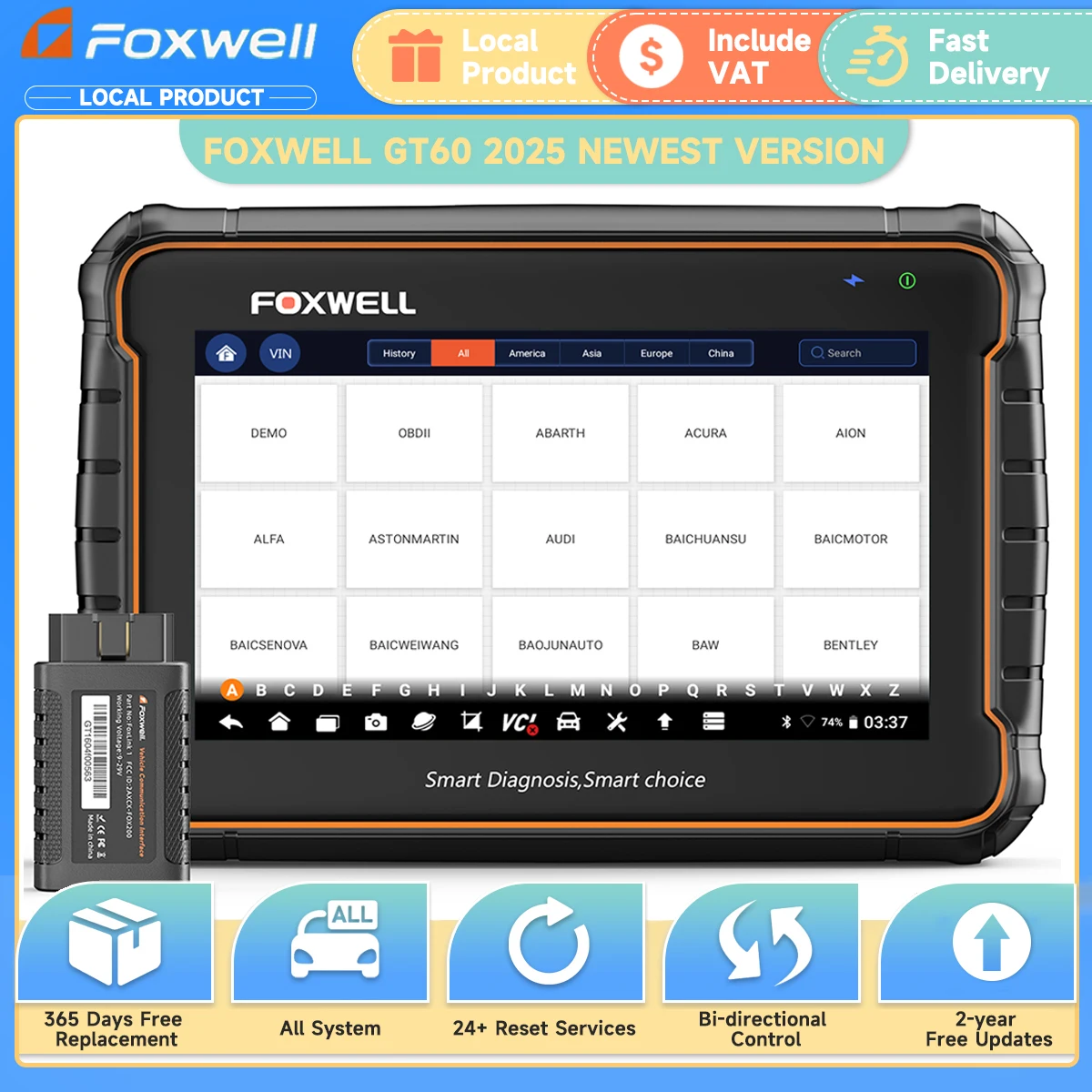 FOXWELL GT60 Bluetooth OBD 2 Automotivo-Scanner, alle Systeme, 24 Reset, bidirektionale Steuerung, professionelle OBD2-Autodiagnosetools Image