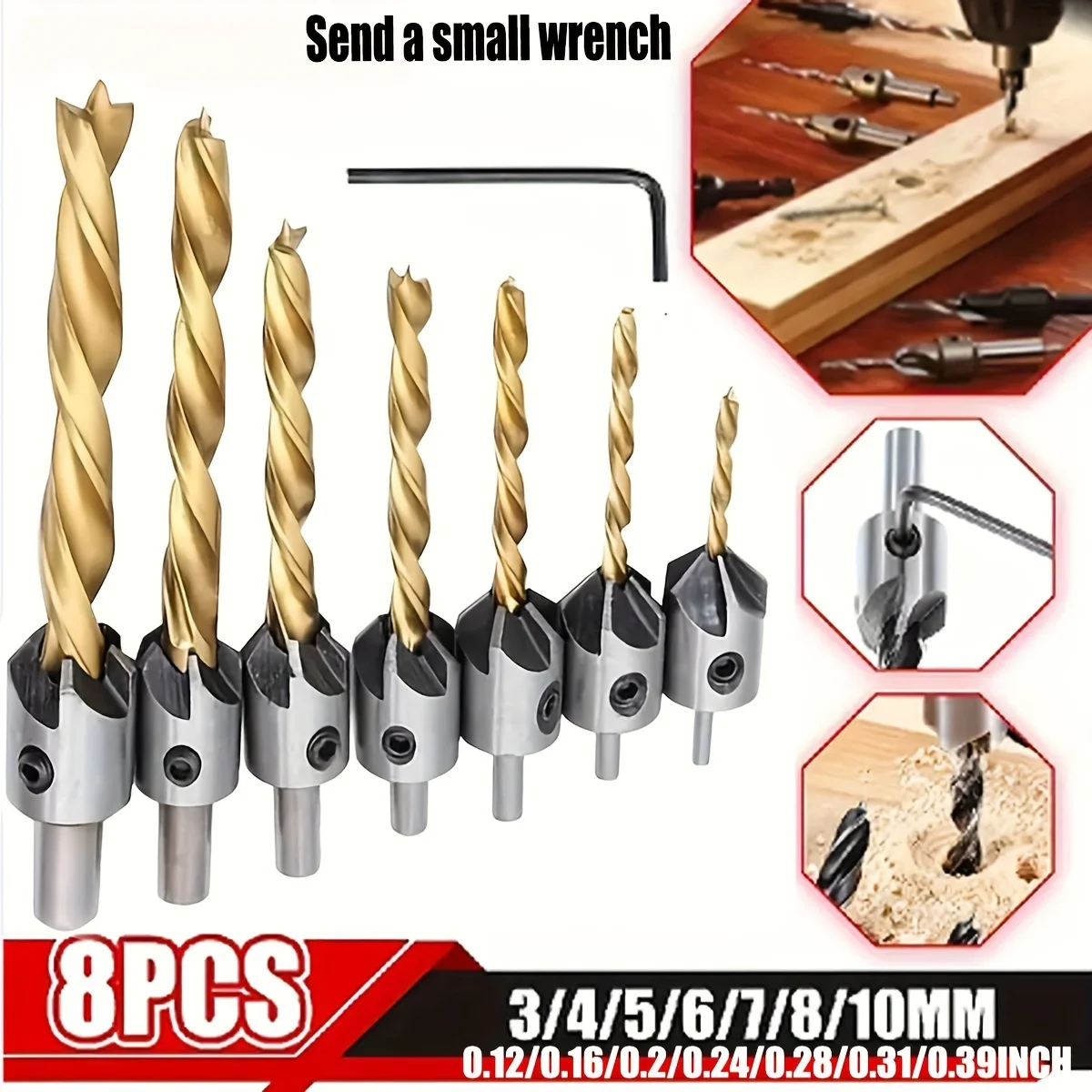 7 stücke Flöte Senker hss Bohrer Bit Reibahle Set für Holz bearbeitung Fase Bohrer 3-10mm/1/2-1/2 Zoll, senden Sie einen kleinen Schraubens chl üssel Image