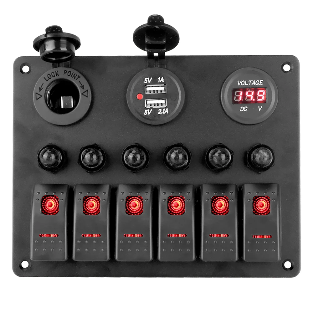 Digitales Voltmeter 6-Gang-Wippschalter DC 12V/24V Auto Marine Boot Circuit LED Breaker Aluminium Panel Dual USB-Ports Image
