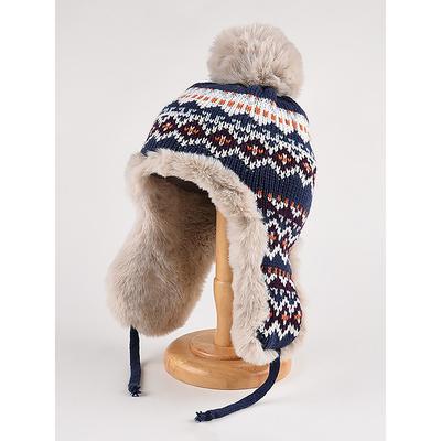 Winter Knitted Trapper Hat with Pom-Pom and Faux Fur Lining - Warm Ear Flap Beanie for Women