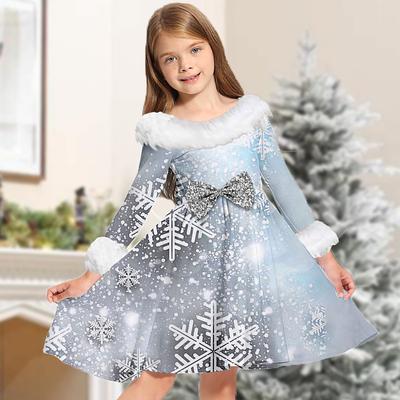 Kids Girls' Dress Snowflake Long Sleeve Casual Fur Trim Crewneck Adorable Daily Polyester Above Knee Casual Dress Swing Dress A Line Dress Fall Winter 3-10 Years Gray