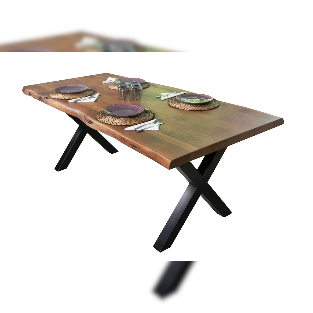 Esstisch Baumkante massiv Akazie Nussbaum 240 x 100 X-Gestell schwarz CALI Image