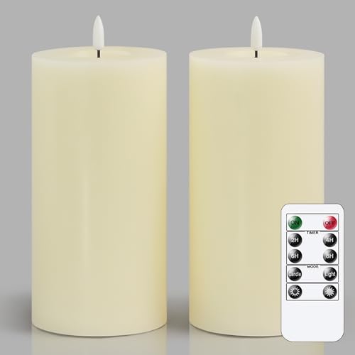 Zevanor Flameless Flickering 10cm x20cm Real Wax Ivory Remote LED Candles with Candle Grease, Pack of 2 Timer Battery Operated Fake Warm Light Pillar Candles for Home, Banquet, Ceremony Decoration