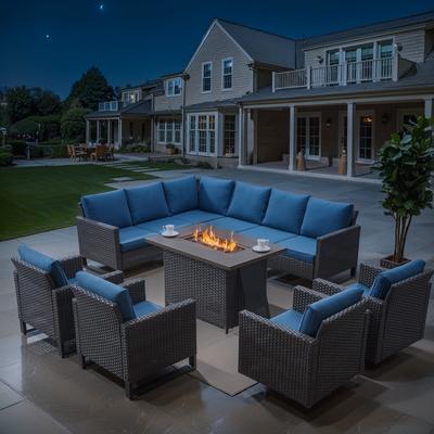 Patio Furniture Set with Propane Gas Fire Pit Table - Blue cushion - Brown