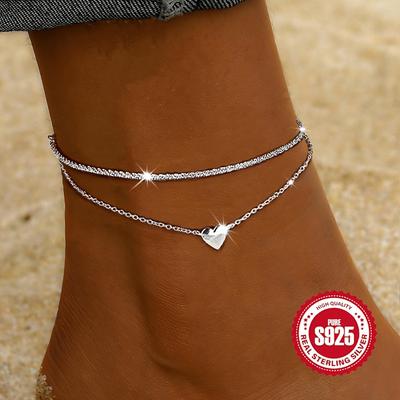 TEMU New 925 Sterling Silver Anti-allergy Jewelry Heart Pendant Ankle Bracelet Bohemian Delicate Ladies Ankle Bracelet