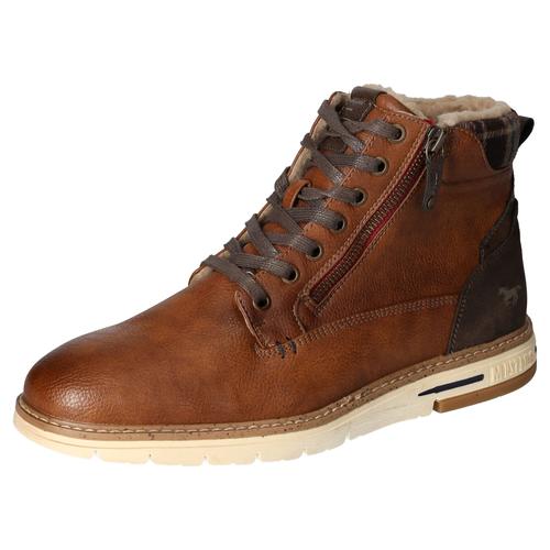 Winterboots MUSTANG SHOES Gr. 42, braun (cognac used) Herren Schuhe Schnürboots, Casual-Stiefelette mit kariertem Einsatz am Schaftrand