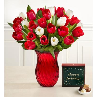 1-800-Flowers Flower Delivery Holiday Tulips 30 Stems W/ Red Vase & Chocolate