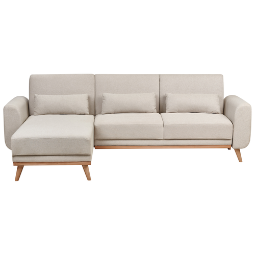 Ecksofa mit Schlaffunktion Hellbeige Stoff L-Förmig 3-Sitzer Sofa Rechtsseitig mit Polsterung Gepolstert Holzbeine Stoffsofa Modern Wohnzimmer