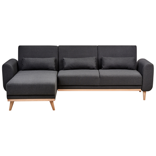 Ecksofa mit Schlaffunktion Schwarz Stoff L-Förmig 3-Sitzer Sofa Rechtsseitig mit Polsterung Gepolstert Holzbeine Stoffsofa Modern Wohnzimmer