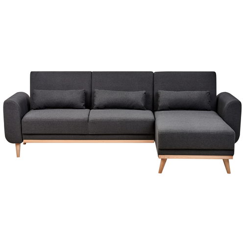 Ecksofa mit Schlaffunktion Schwarz Stoff L-Förmig 3-Sitzer Sofa Linksseitig mit Polsterung Gepolstert Holzbeine Stoffsofa Modern Wohnzimmer